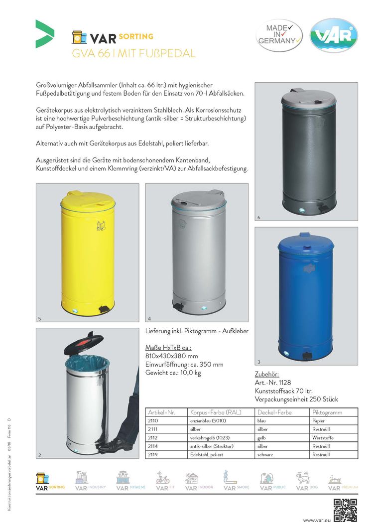 VAR Stahlblech Abfallbehälter Müll-/Abfalleimer mit Pedal GVA 66,antik-silber 